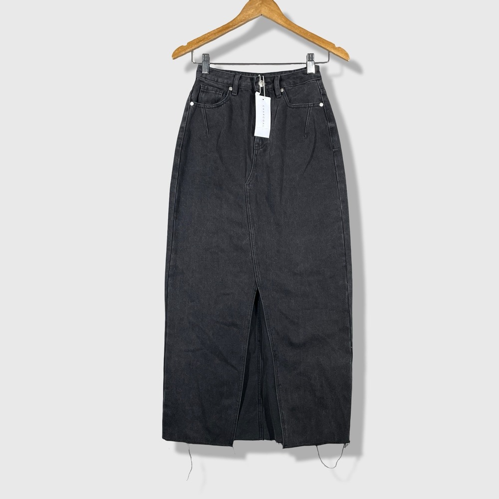 Charcoal Drew Denim Midi Skirt Womens 6 Dark Grey Grunge Streetwear Indie
